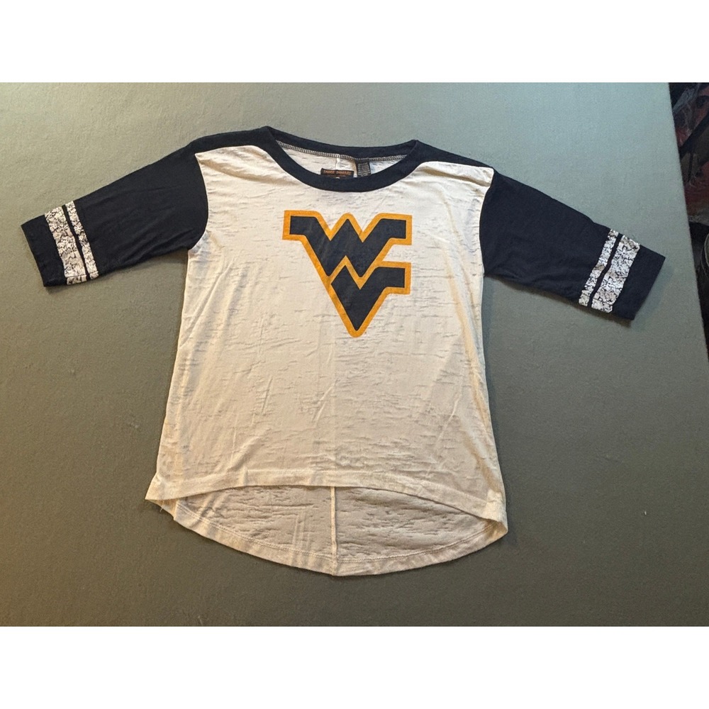 Three Square West Virginia University WVU Mountaineers Womens L Raglan Tee White